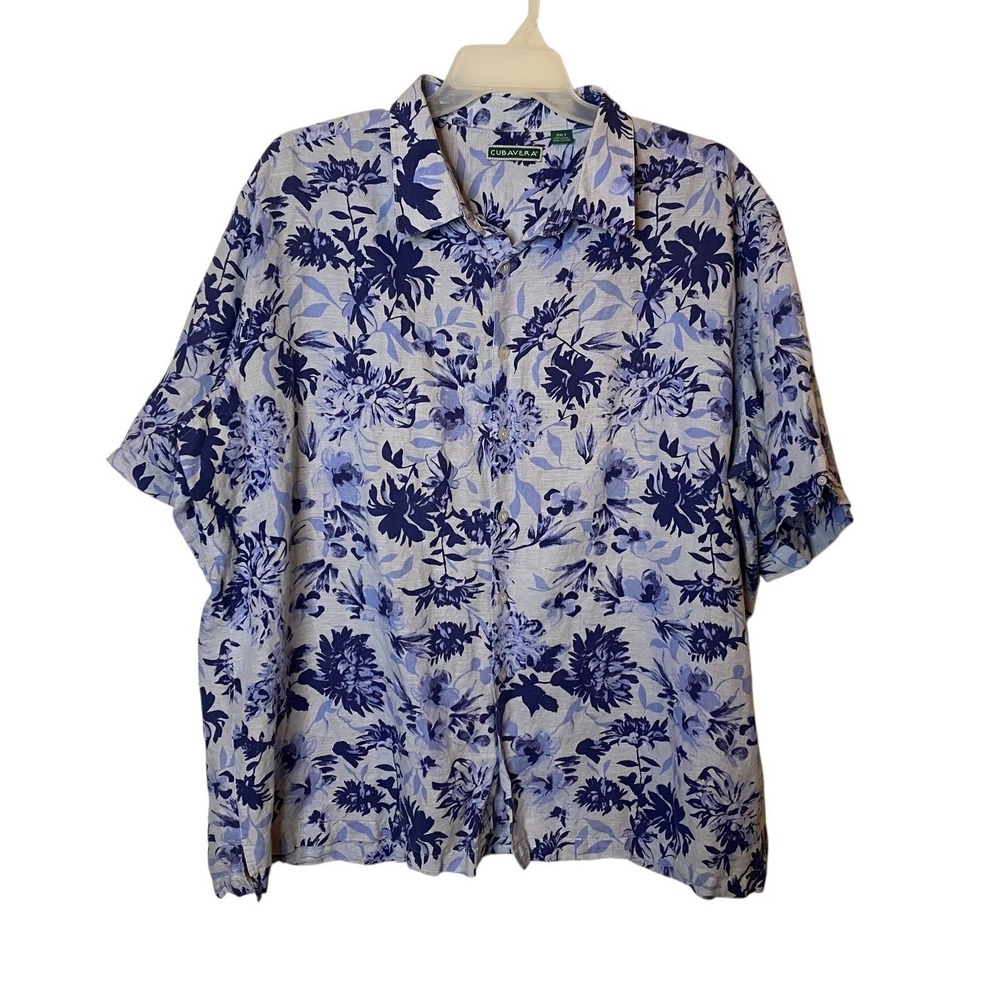 Cubavera Mens 3XLT Blue Tropical Floral Linen Cotton Hawaiian Shirt Button Down